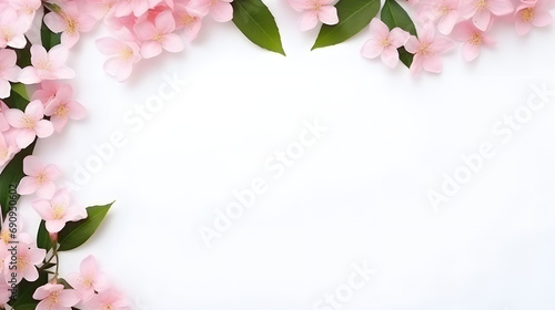 Pink jasmine spring flowers with copy space framed on a white background, valentine's day, easter, birthday, happy women's day, mother's day, flat lay, top view, copy space 