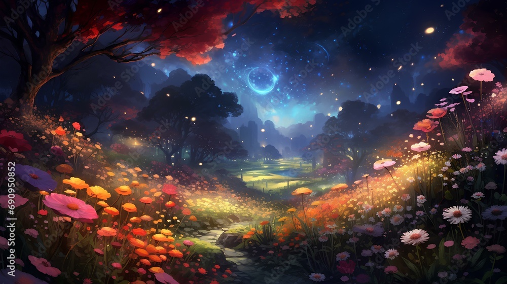 Obraz premium Garden of flowers and nature shines and stars at night