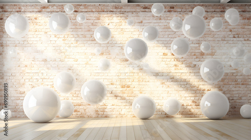 Architectural Harmony.Walls of White in 3D Design.White Ball and Balloon on Abstract Geometric.AI Generative 