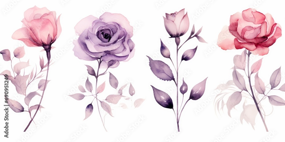Watercolor Transparent floral set isolated on white collection of roses, leaves, branches bundle in pastel pink, grey, violet, purple, botanical illustration wedding design. Generative AI