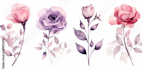 Watercolor Transparent floral set isolated on white collection of roses  leaves  branches bundle in pastel pink  grey  violet  purple  botanical illustration wedding design. Generative AI