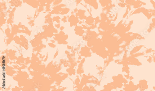 Dots and Spots of Halftone Grunge floral silhouette  Background. 2024 colors of year peach fuzz Seamless Pattern Design. Polka  Style Texture. Broken,  Print Design 