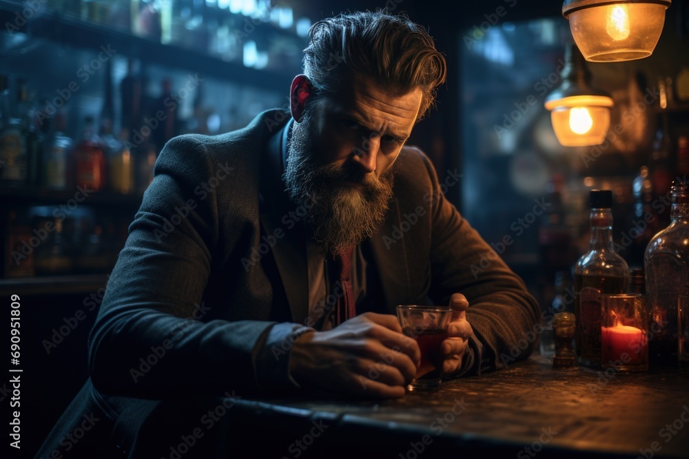 Noir Vibes: Brooding Man with Drink in Dimly Lit Bar