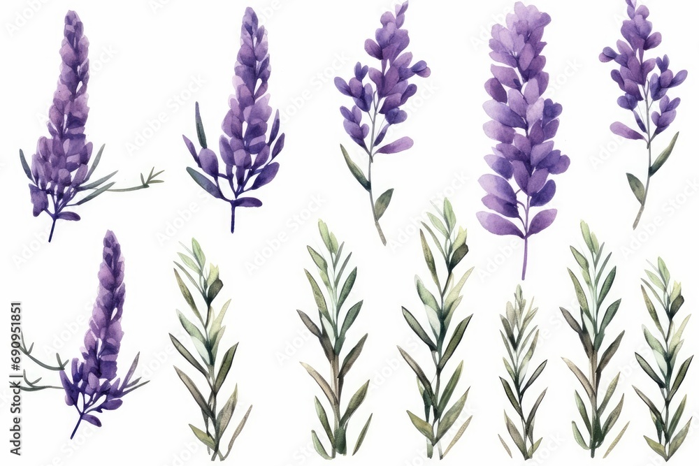 Watercolor purple lavender flowers and leaves collection. illustration, Generative AI