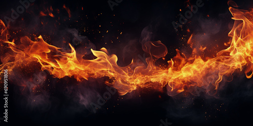 Abstract fire flame and particles on black background. Wide template or banner, creative design with copyspace