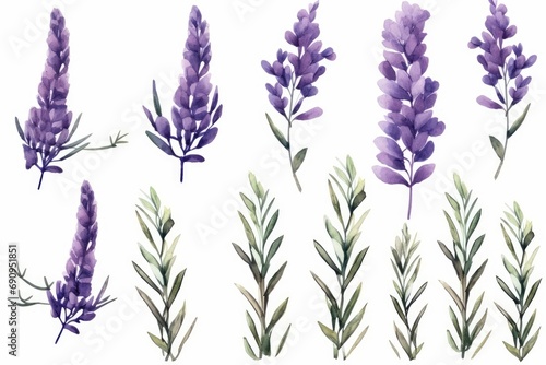 Watercolor purple lavender flowers and leaves collection. illustration  Generative AI