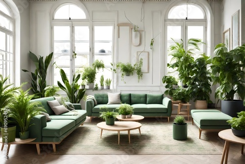 Different organic indoor plants in living room with decorations on the table. Composition of home garden green industrial interior. Urban jungle interior with houseplants. green concept for magazine.