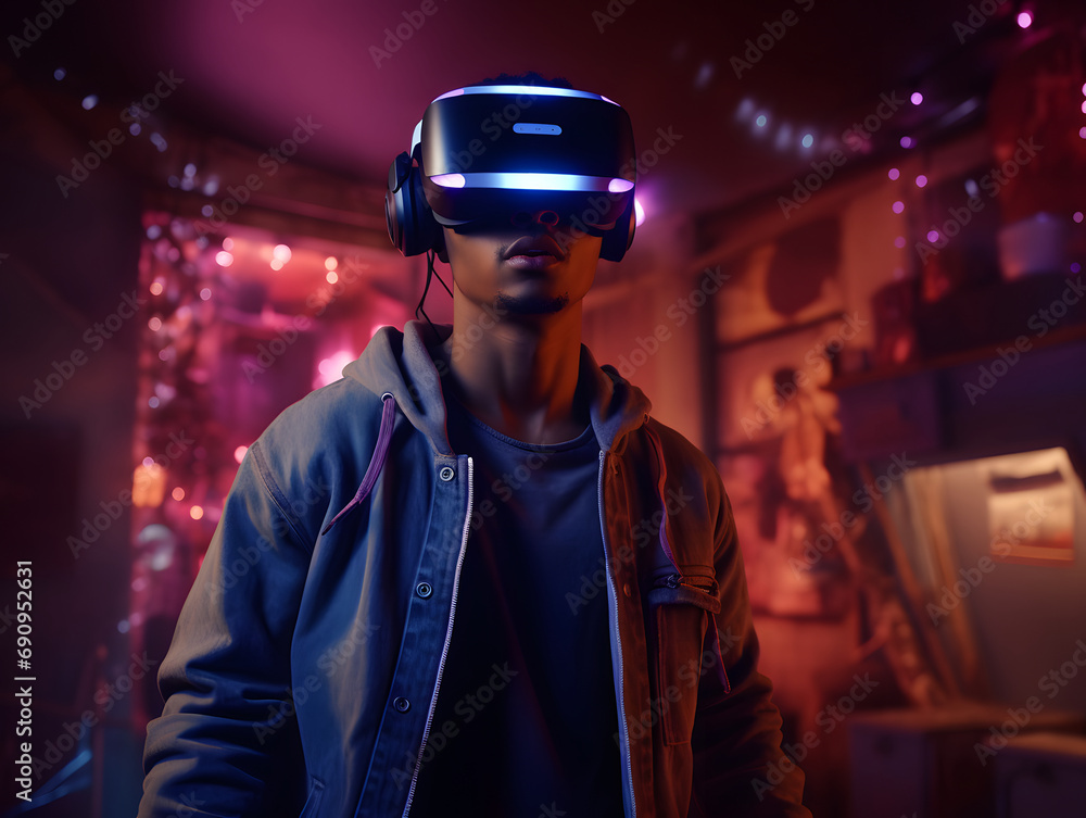 boy with Virtual Reality Glasses in Bedroom boy with Virtual Reality Glasses in Bedroom