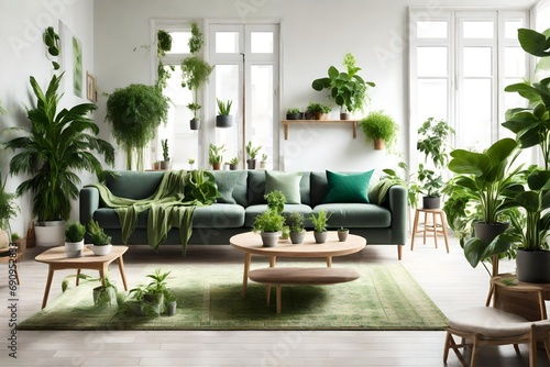 Different organic indoor plants in living room with decorations on the table. Composition of home garden green industrial interior. Urban jungle interior with houseplants. green concept for magazine. © kashif