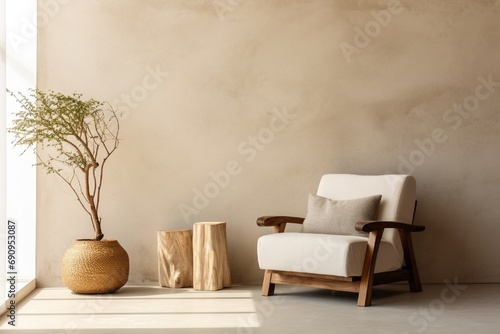 A snapshot of a modern living room showcases a fabric lounge chair and a wood stump side table against a beige stucco wall. The rustic minimalist design creates a tranquil atmosphere.