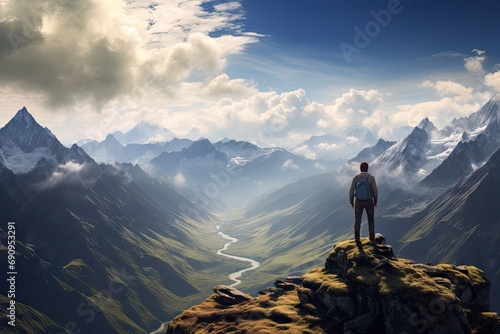 Explorer Standing above Mountains and Valleys Landscape, Hiking Tourism Panorama