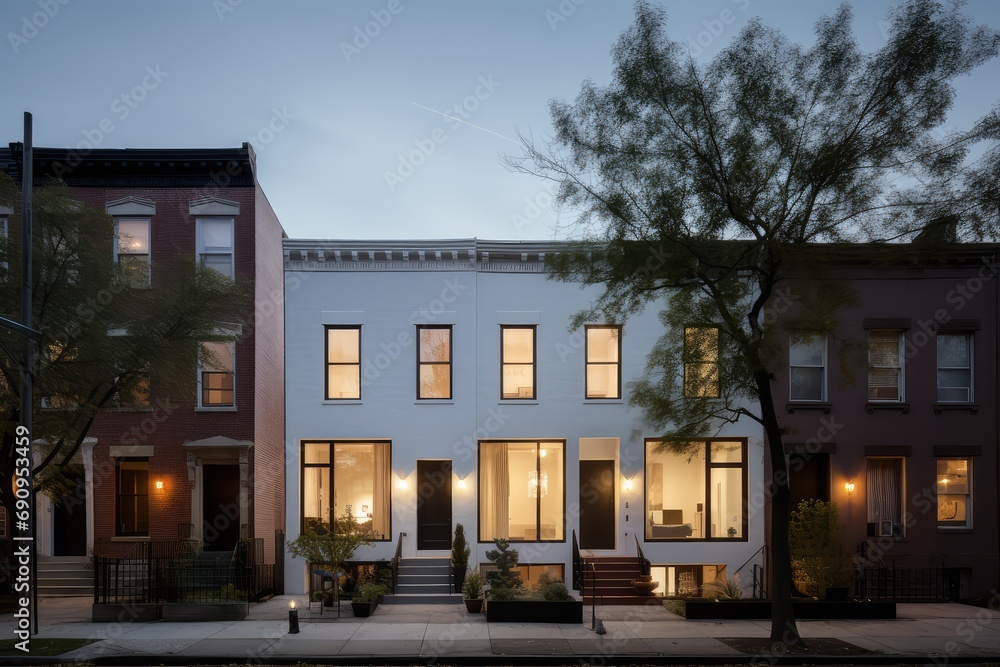 Fototapeta premium White Row Houses, Street Landscape, Brooklyn Architeture, Facades of American Houses