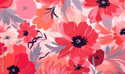 Colorful acrylic Painted Pink and red flowers pattern  Cute hand drawn colorful artistic flowers print. Modern botanical pattern. Fashionable template  Generative AI