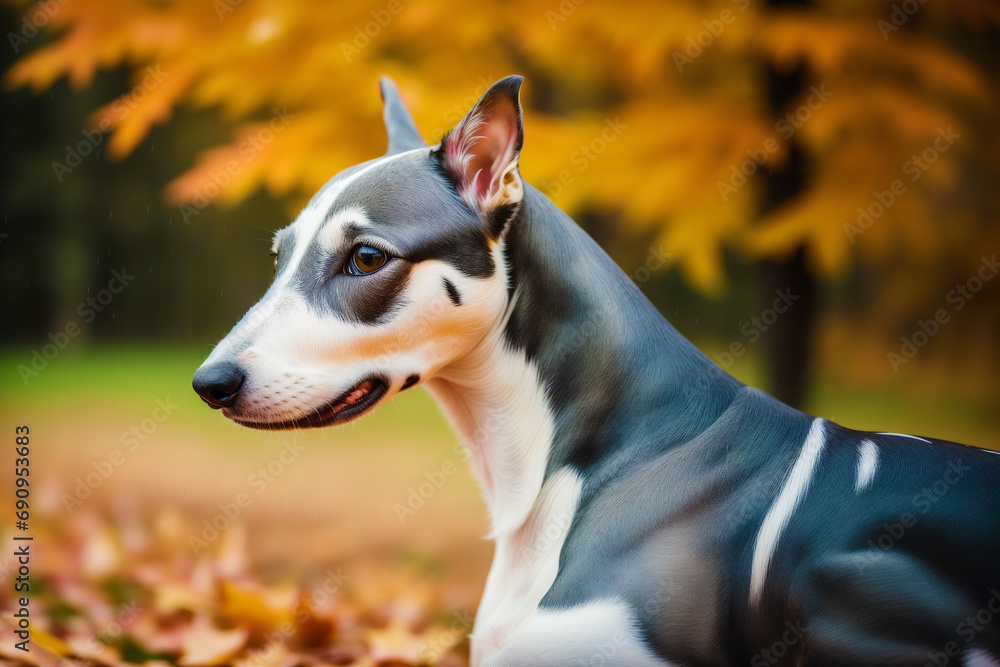 Cute Greyhound. Portrait of a beautiful Greyhound dog playing in the park. Generative AI