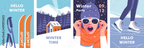 Winter time. Concept of vacation, party and travel. Vector illustrations for mobile and web graphics.