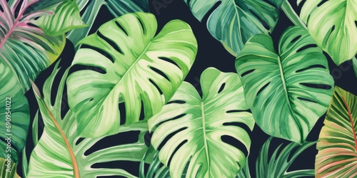 Watercolor painting tropical palm leaf  green leaves seamless pattern background. Watercolor hand drawn illustration exotic leaf prints for wallpaper  textile Hawaii aloha jungle  Generative AI 