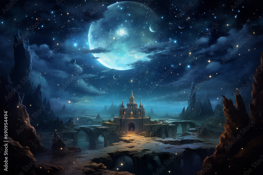 castle illustration starry night with full moon