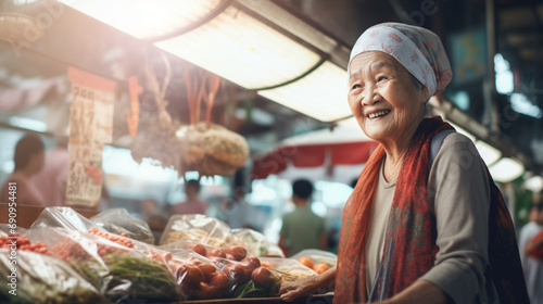 食品市場で買い物をするアジア系の年配の女性GenerativeAI photo
