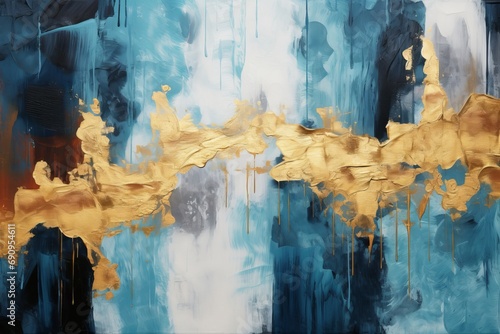 Blue and gold abstract hand painted background, acrylic painting, Generative AI