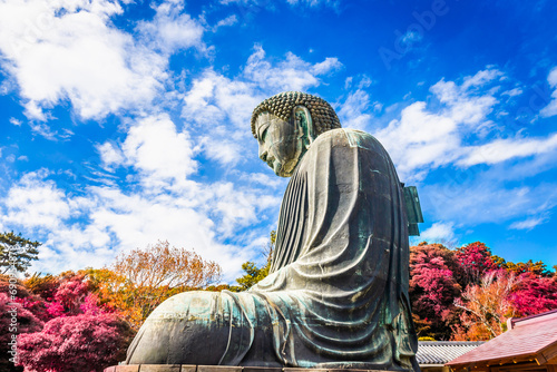 Daibutsu or Great Buddha of Kamakura in Kotokuin Temple at Kanagawa Prefecture Japan with leaves changing color It is an important landmark and a popular destination for tourists and pilgrims. photo