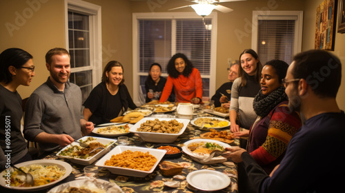 Diverse friends sharing homecooked meals in a private home photo