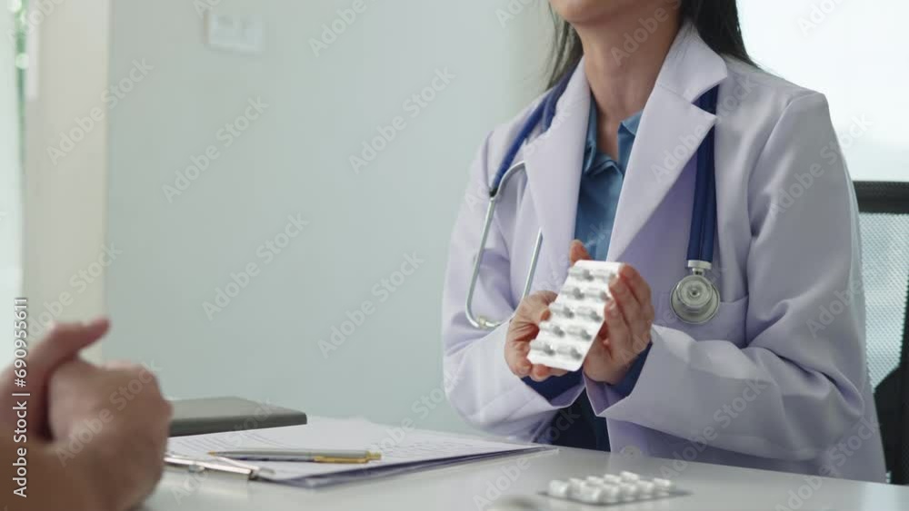 Female doctor is explaining and advising about using pills medicine and treatment to patient. Female doctor is explaining and advising about using pills medicine and treatment to patient.