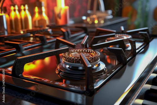 The image of a blazing flame on a gas stove in a home kitchen and its negative impact on the atmosphere and the environment.