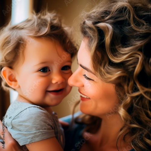 Curly-haired mother and child sharing a close, affectionate moment. 