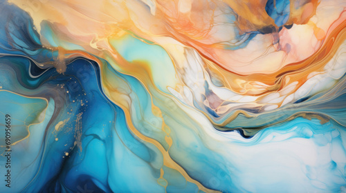 Fluid art with vibrant blue, gold, and white swirls creating an abstract painting