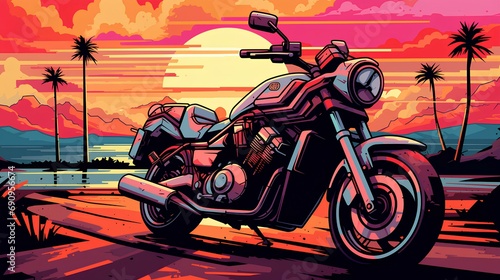 motorcycle on sunset background 80s style  