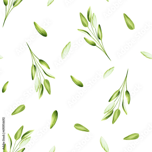 Watercolor seamless pattern illustration with fresh sage leaves isolated on white background. Detail of beauty products and botany set, cosmetology and medicine. For designers, spa decoration, post