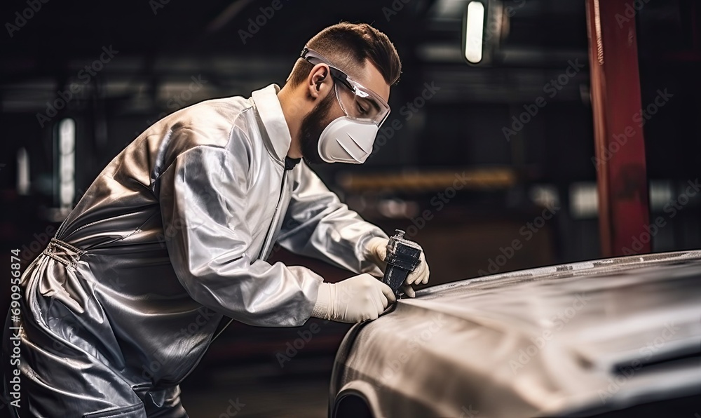 A Mechanic in Protective Gear Repairing a Vehicle