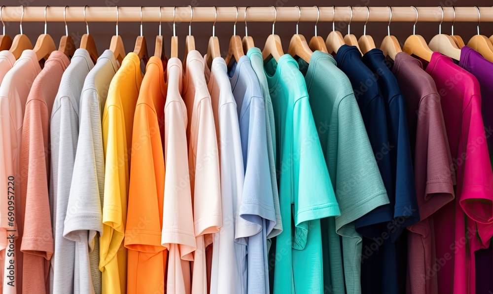 A Vibrant Collection of Hanging Shirts in a Rainbow of Colors A Vibrant Collection of Hanging Shirts in a Rainbow of Colors