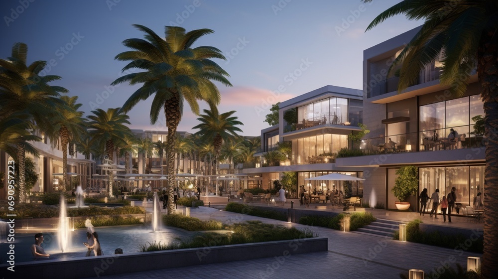 An upscale shopping plaza with an elegant outdoor promenade, adorned with designer boutiques and fine dining options, all set against a backdrop of majestic palm trees and contemporary architecture