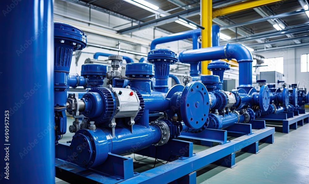A Lineup of Vibrant Blue Pipes Inside a Modern Industrial Structure
