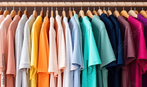 A Vibrant Collection of Hanging Shirts in a Rainbow of Colors