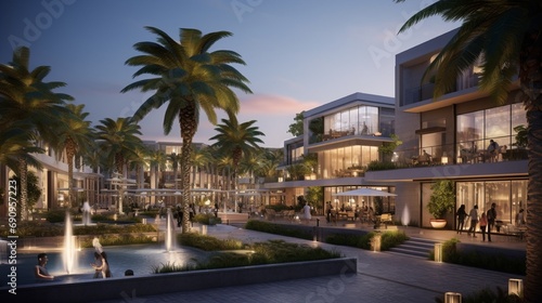An upscale shopping plaza with an elegant outdoor promenade, adorned with designer boutiques and fine dining options, all set against a backdrop of majestic palm trees and contemporary architecture photo