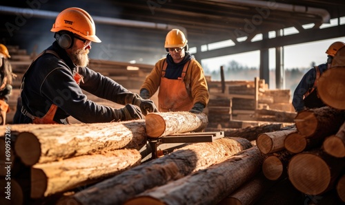 A Gathering of Men Observing a Stack of Timber