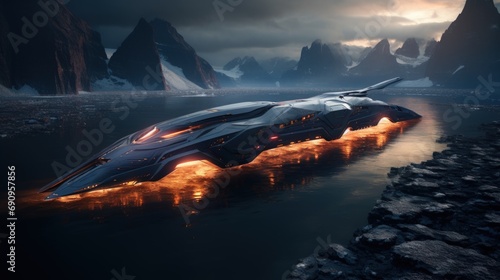 Icy Expedition: Futuristic Ship Docked in a Frozen Landscape