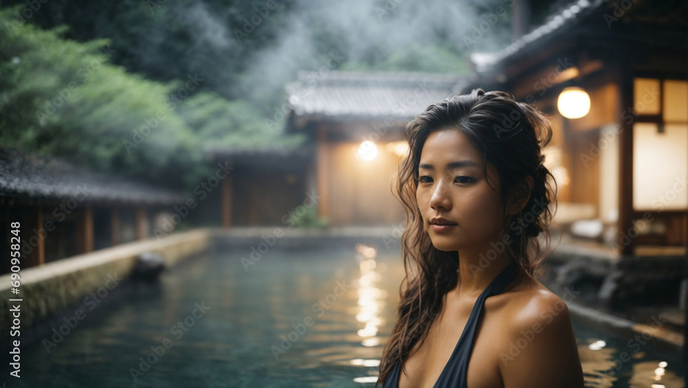 Bellissima donna di origini asiatiche con capelli lunghi in un onsen, bagno termale giapponese, con vapore dell'acqua calda della piscina - obrazy, fototapety, plakaty 