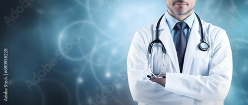 Medical professional standing before a blurry background, white and blue style, poster with metallic rotation, panoramic scale, shaped canvas, petcore, soft-focus photo