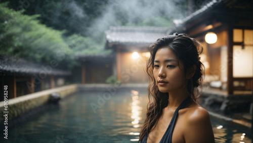 Bellissima donna di origini asiatiche con capelli lunghi in un onsen, bagno termale giapponese, con vapore dell'acqua calda della piscina photo