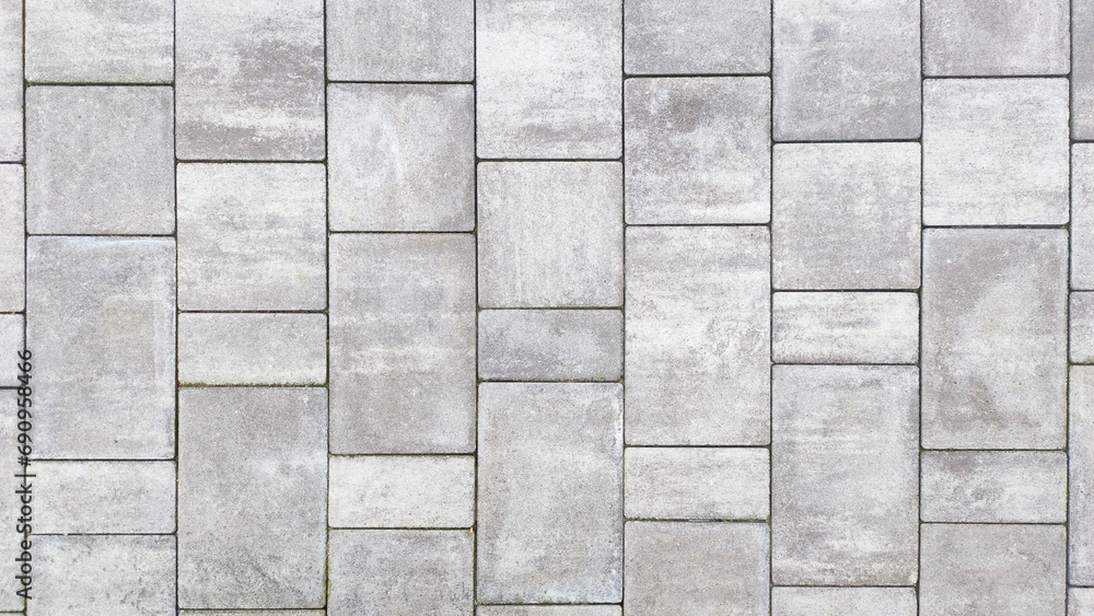  Close-up of gray paving stones on a textured road surface.