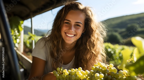 Joyful young woman holding fresh grapes in a vineyard, sunlight shining through