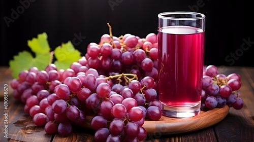Red grapes with grape juice on wooden surface, dark background