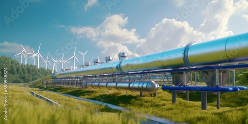 hydrogen pipeline of energy sector towards to ecology,carbon credit,Clean Energy,secure,carbon neutral,transformation,solar,power plant and energy sources balance to replace natural gas. Generative AI photo
