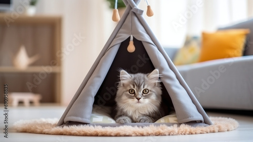 Fluffy gray cat in modern teepee pet house on cozy rug, stylish pet furniture, home interior. AI Generative