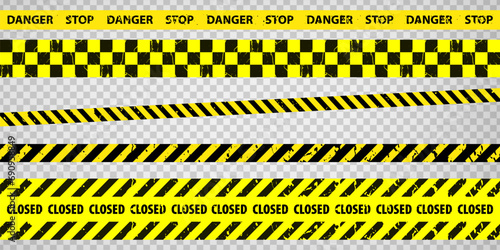 Black and yellow police stripe border, construction, danger, closed caution tapes set. Set of danger caution grunge tapes.  Warning signs for your  design on transparent background. EPS10 photo