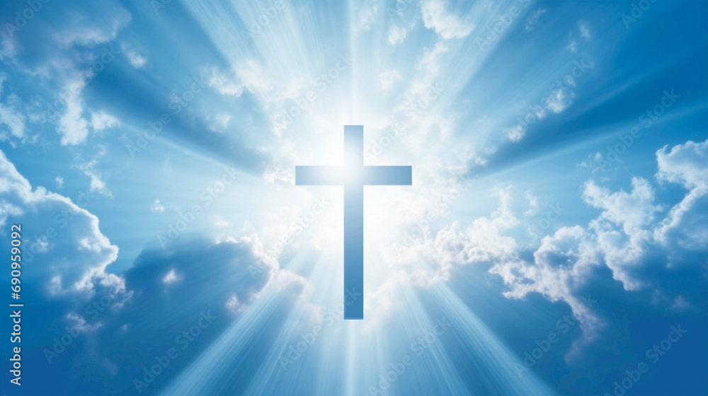 Christian cross with god ray on blue sky Christian cross with god ray on blue sky