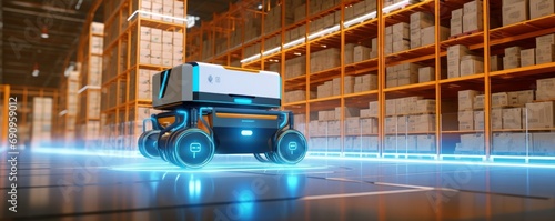 Concept of smart factory and 5G for industrial. Autonomous Robotic transportation or Automated guided vehicle systems(AGV) operating transfer box in automated warehouses. Generative AI
